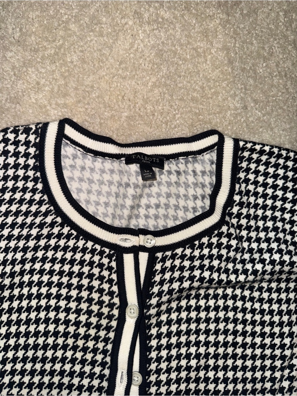 Talbots Black and White Houndstooth Button-Front Cardigan